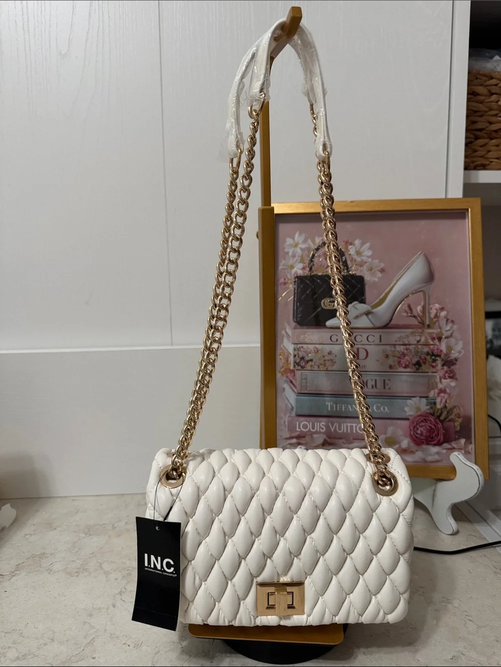 INC International Concepts White Quilted Shoulder Bag with Gold Chain